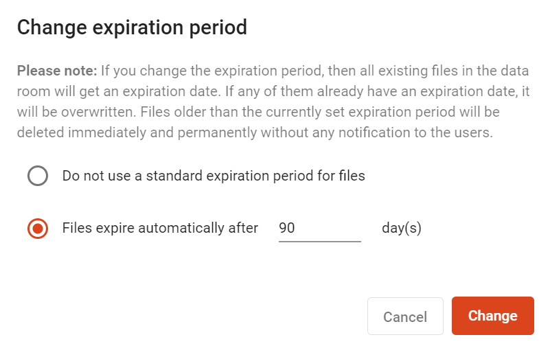 Data room settings (classification, default classification and default