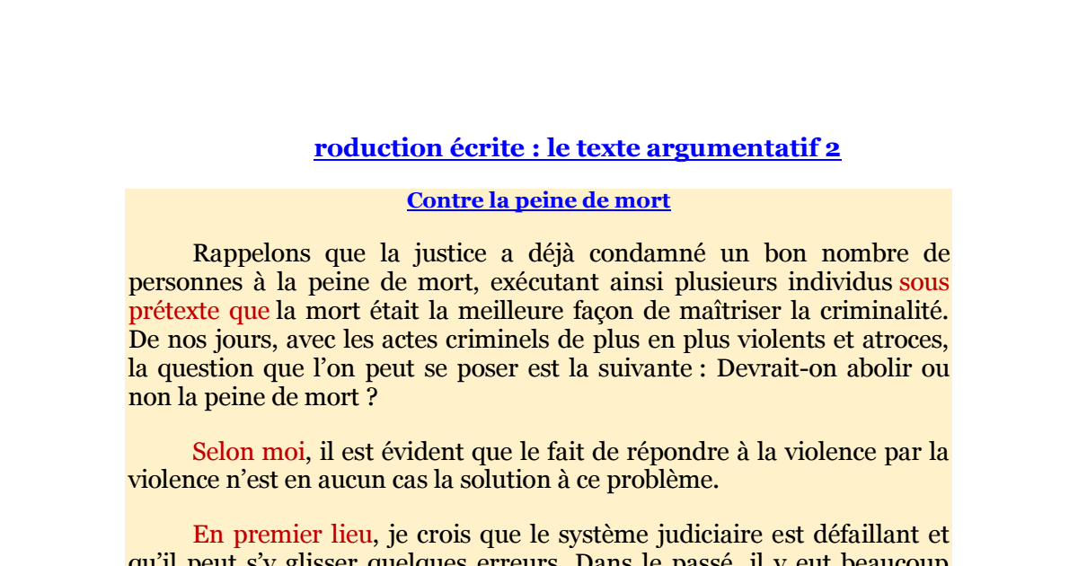 texte argumentatif sur la peine de mort الملفات باك دوك