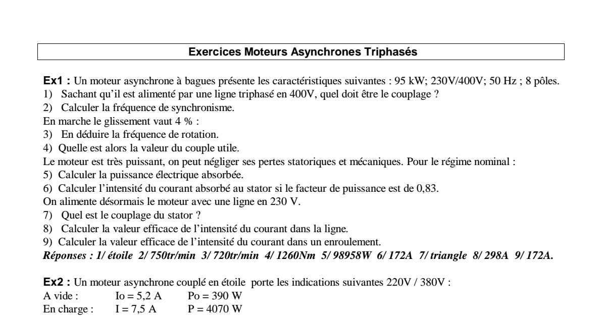 Exercices Moteurs Asynchrones Triphasés الملفات ويتود