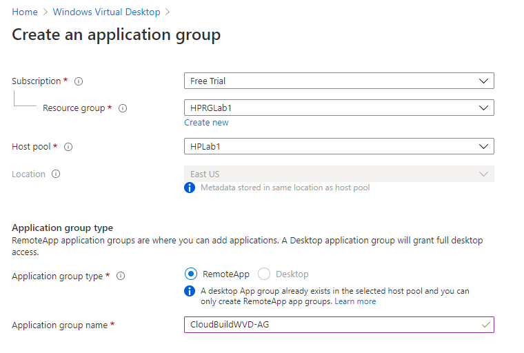 Windows Virtual Desktop Application Group Creation Cloud Build