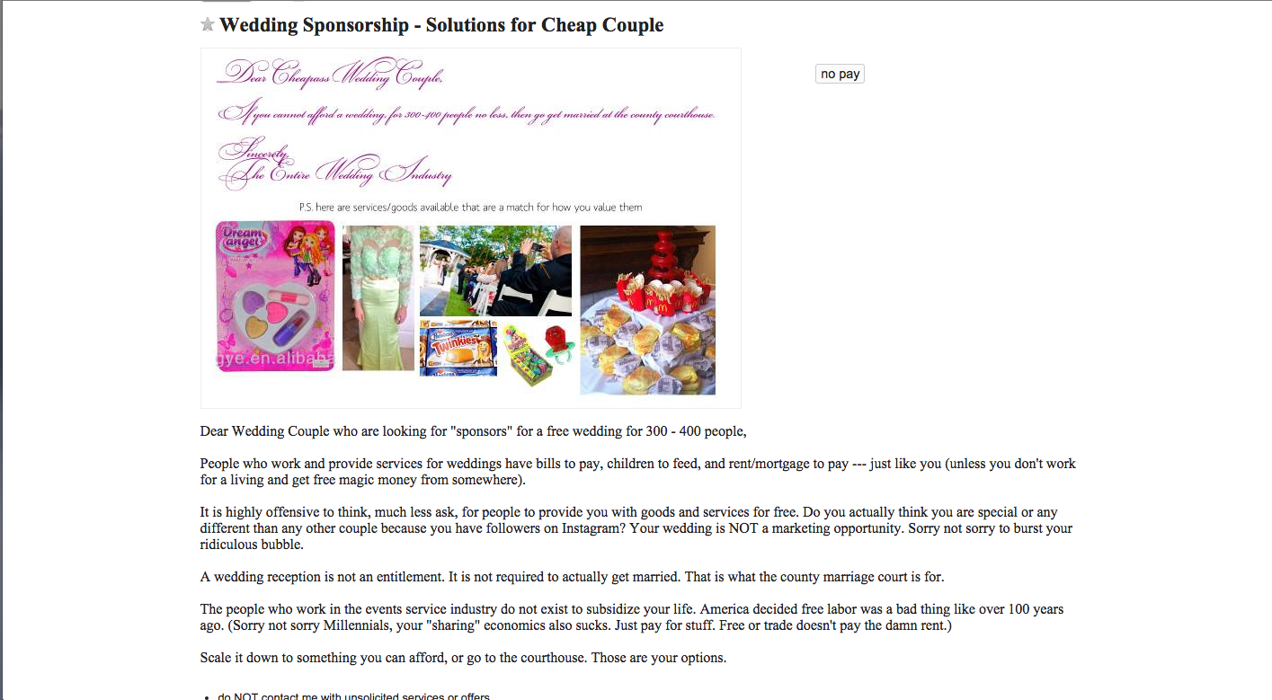 Couple Turns to Craigslist to Find 'Sponsors' For Wedding