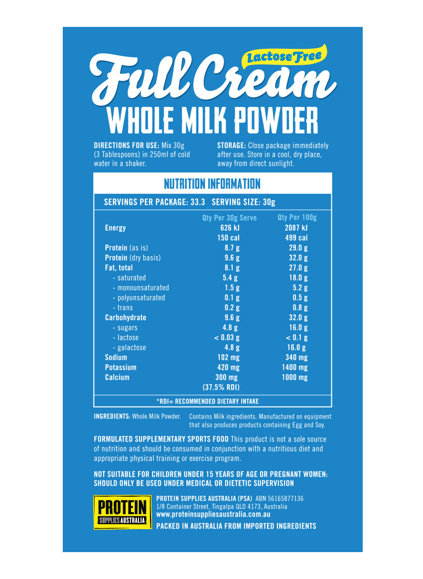 Lactose Free Full Cream Whole Milk Powder — Protein Supplies Australia