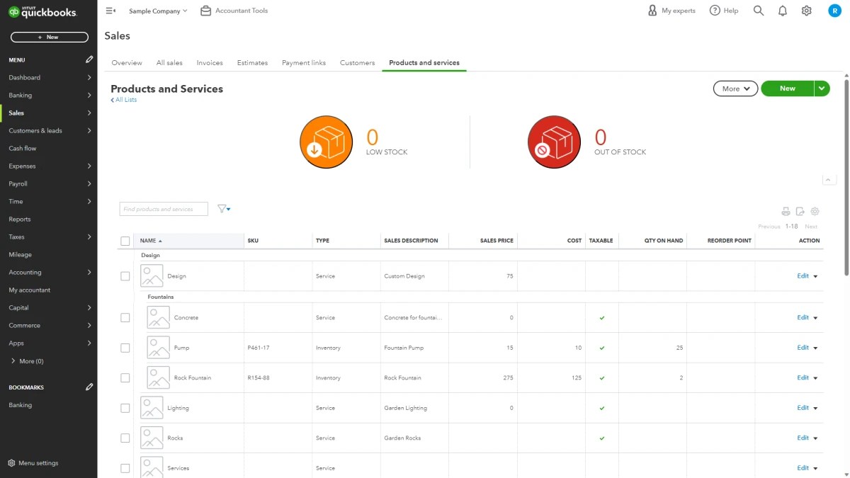 QuickBooks Products and Services List C and M Companies Inc