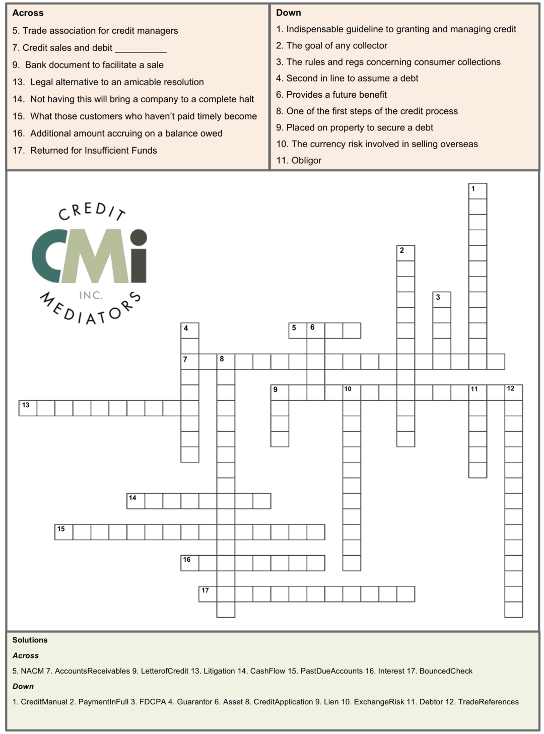 CMI's Credit & Collection Crossword Puzzle Credit Mediators Inc.
