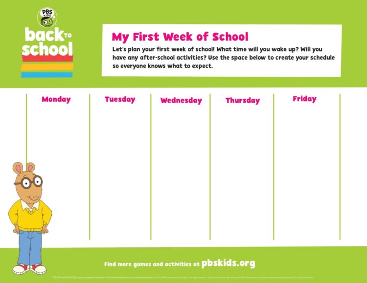 Back to School Weekly Planner Kids Coloring… PBS KIDS for Parents