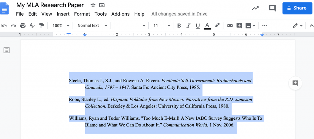 Creating Hanging Indents for a MLA Works Cited