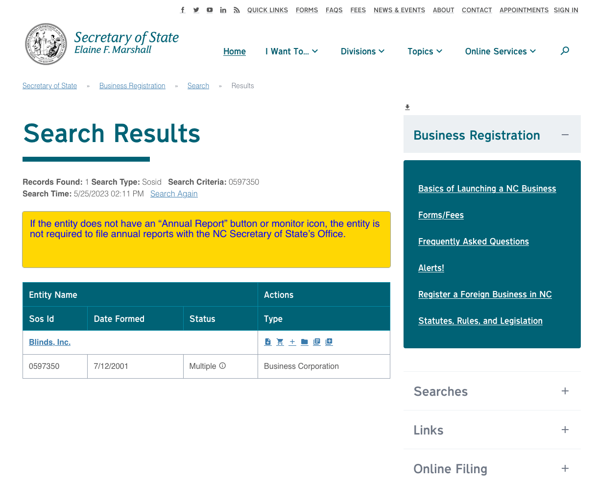 North Carolina (NC) Secretary of State Corporation Search
