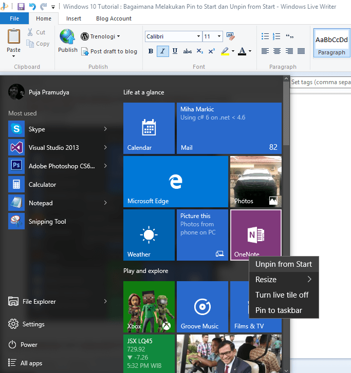 Windows 10 Tutorial Bagaimana Melakukan 'Pin to Start' dan 'Unpin from