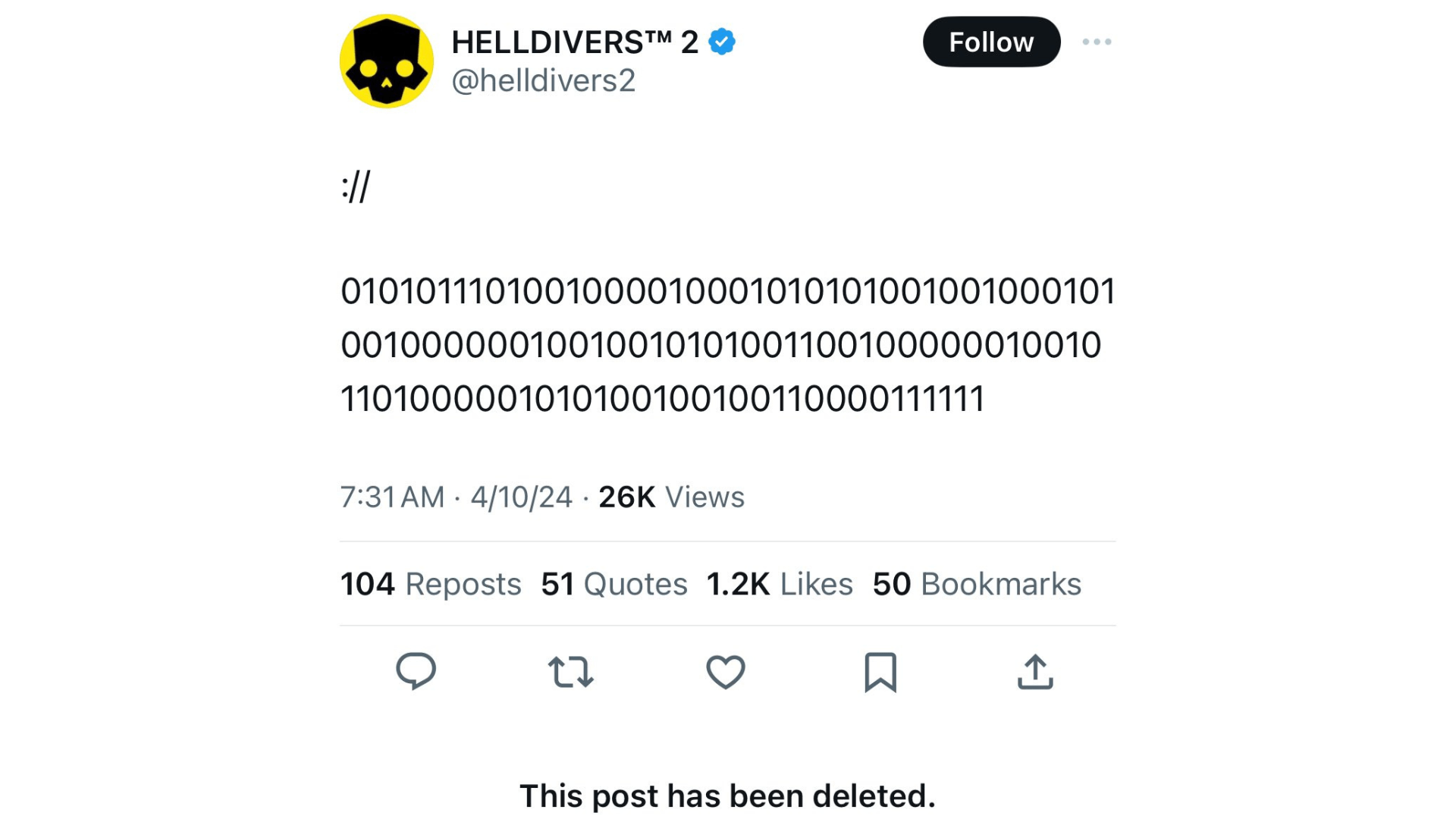 Cryptic Binary Message Looking for ?Karl? Deleted from Helldivers 2 Twitter