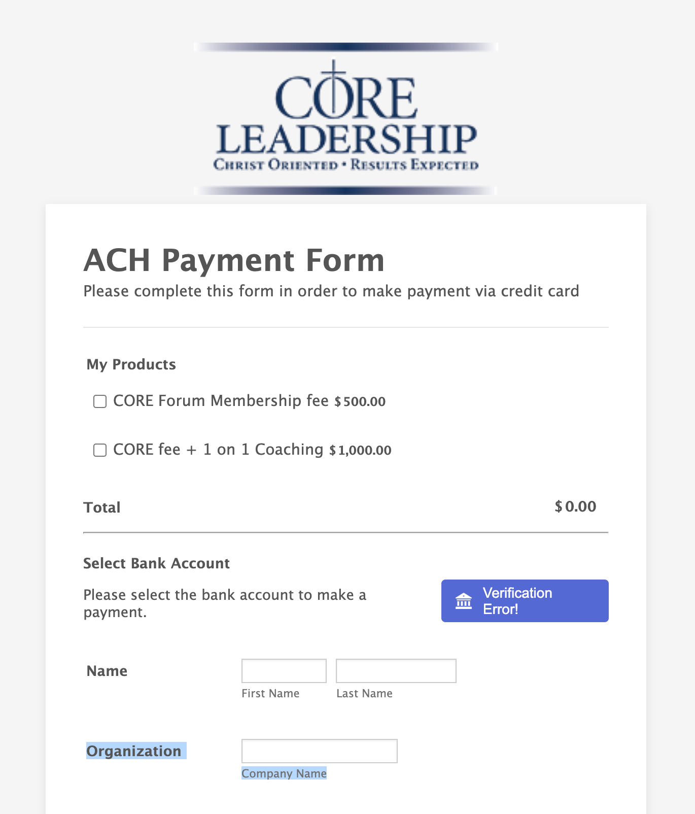 STRIPE ACH payment form