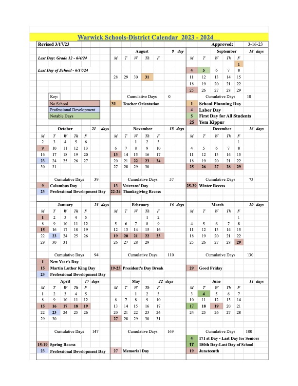 Calendar & Schedules Warwick Public Schools