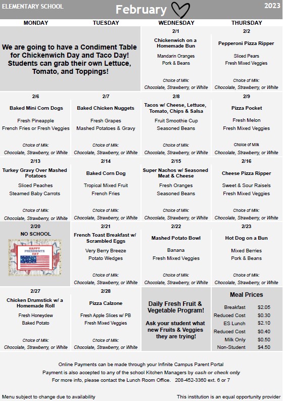 Elementary Lunch Menu Fruitland Elementary School