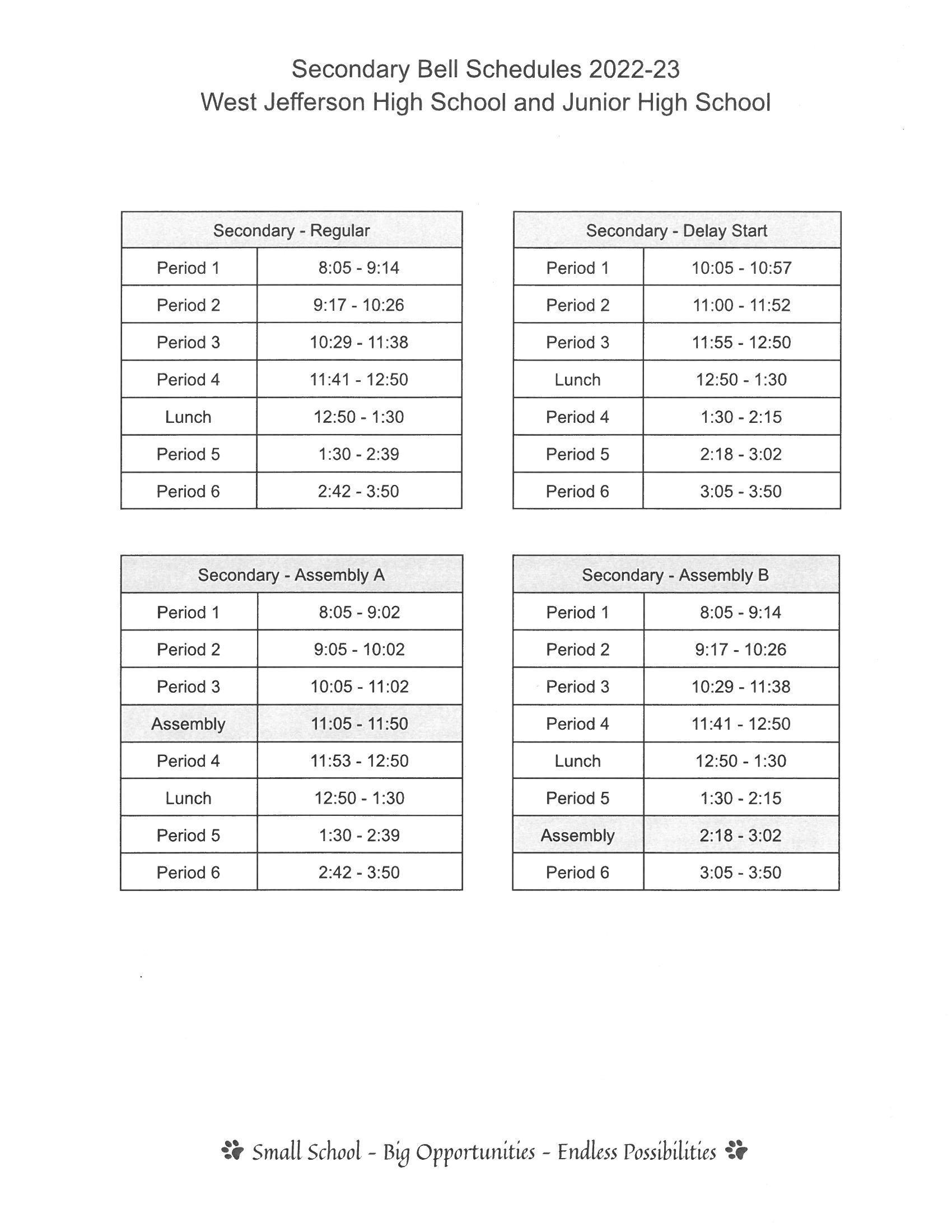 Bell Schedule 202223 West Jefferson High School