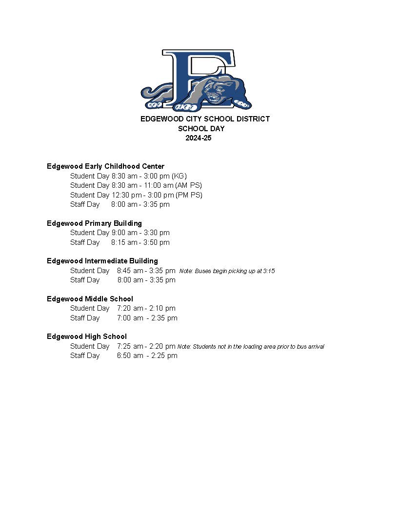 ECSD 20242025 Start and End Times by Building Edgewood City Schools ECSD 20242025 Start and End Times by Building Edgewood City Schools