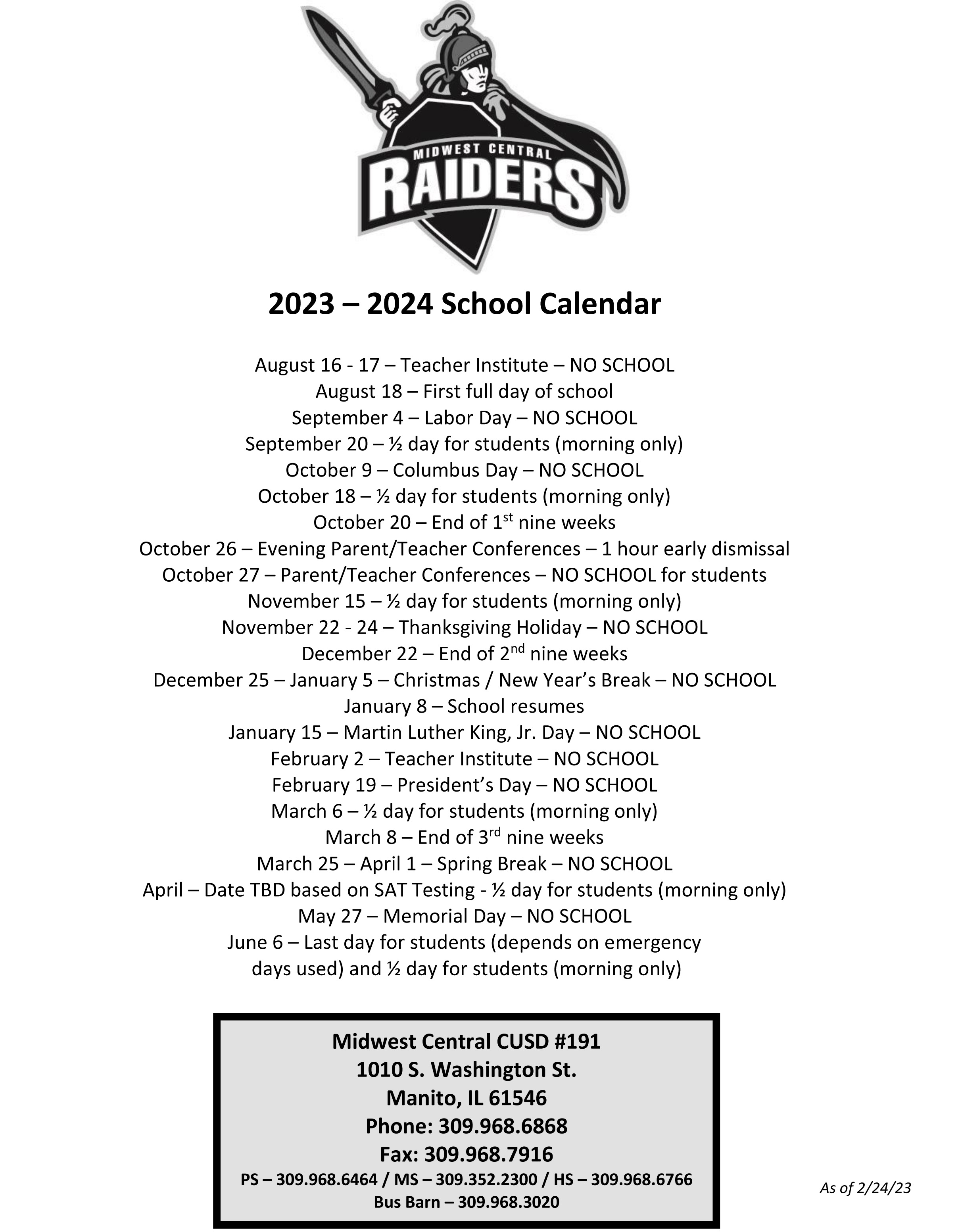 Midwest Central Community Unit School District 191 Calendar 2023 and