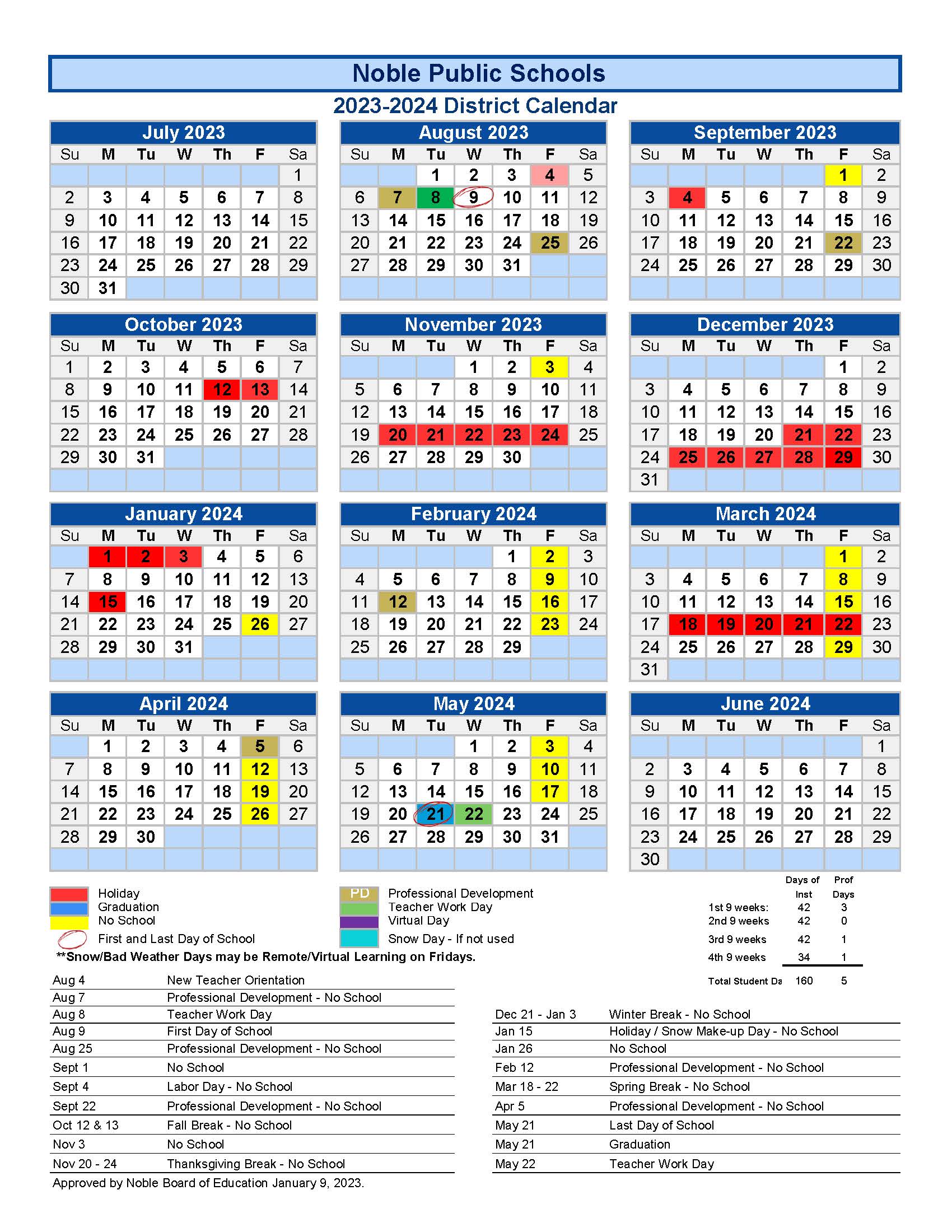 Calendar View Noble Public Schools