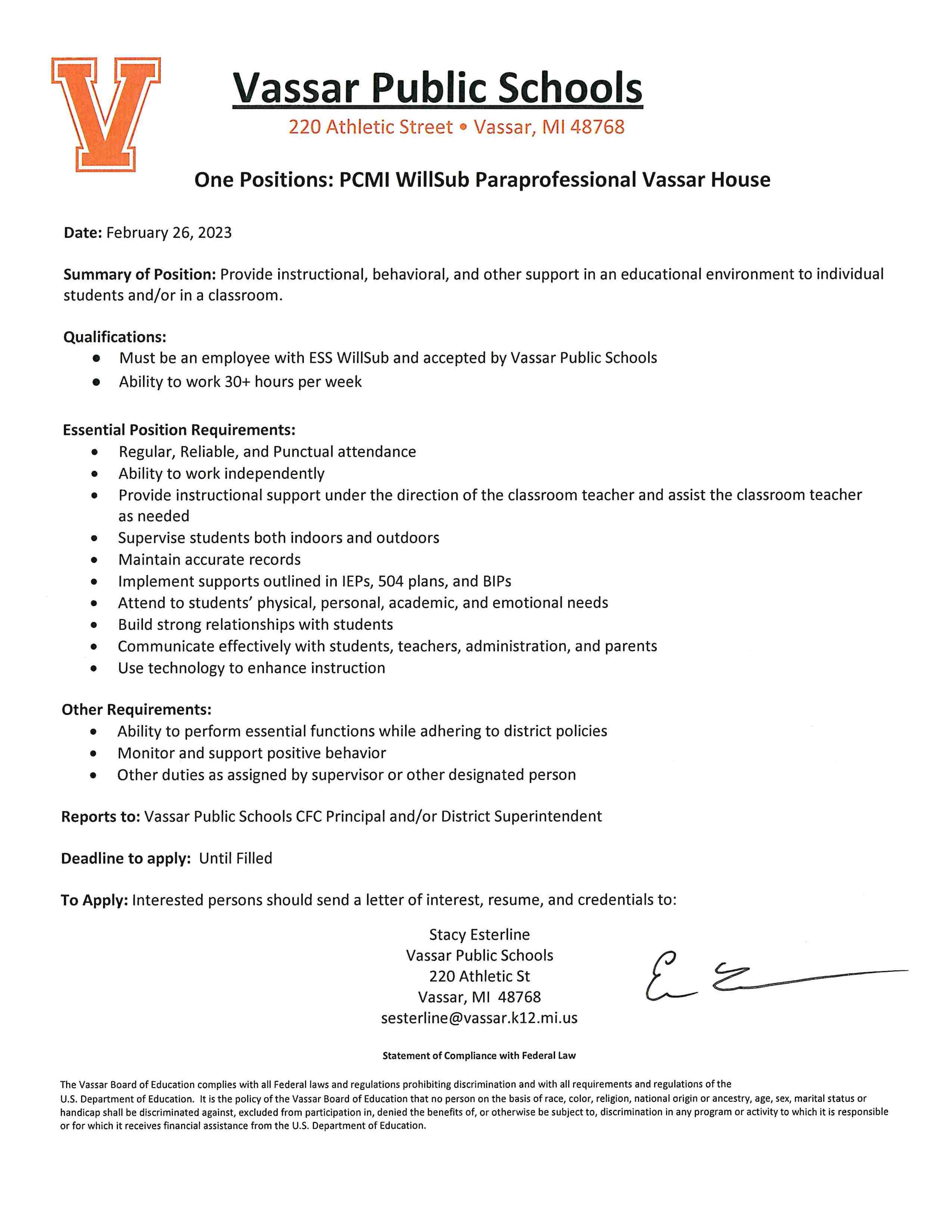 Current Openings Vassar Public Schools