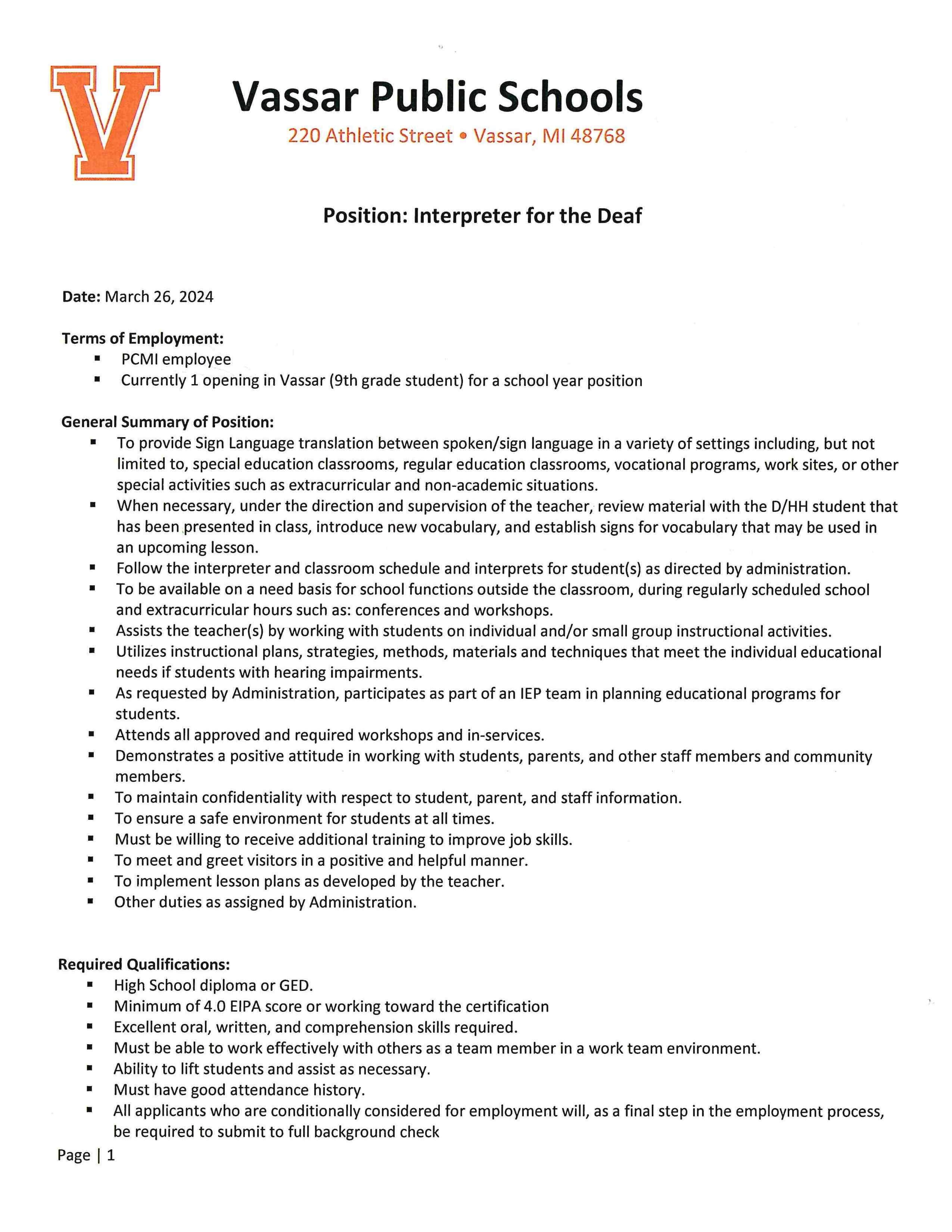 Current Openings Vassar Public Schools