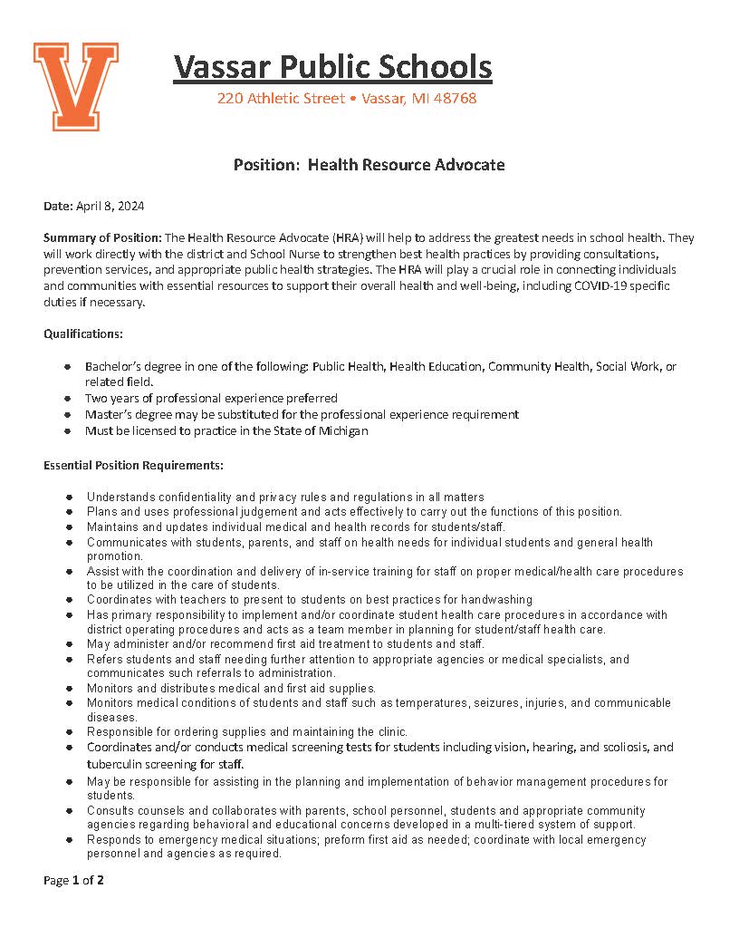 Current Openings Vassar Public Schools