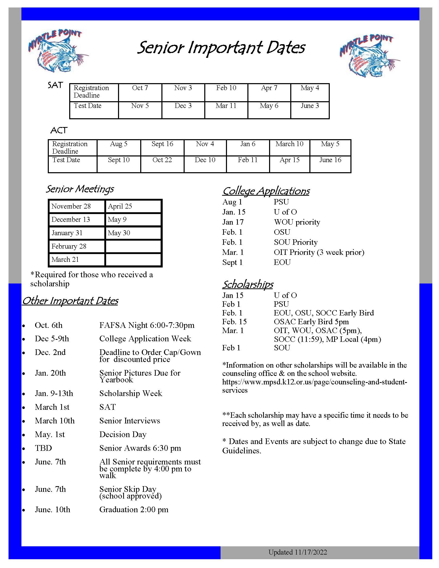 Important Senior Dates Myrtle Point School District 41