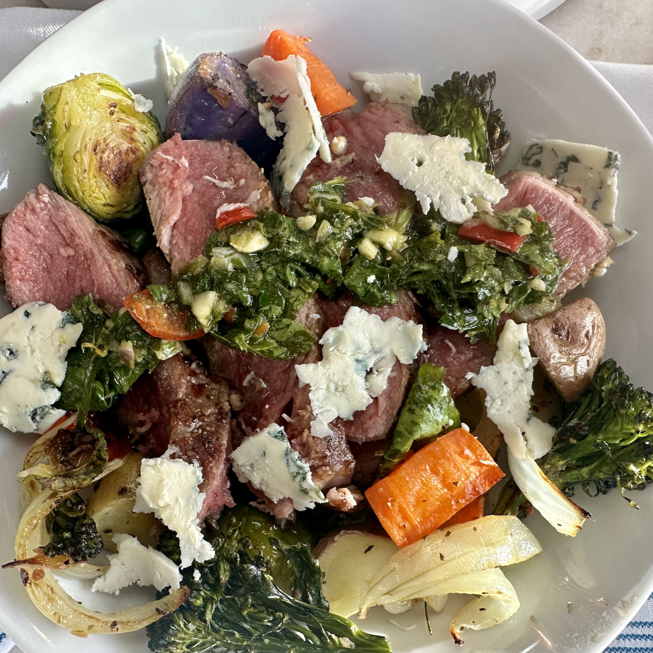 NEW YORK STRIP STEAK & ROASTED VEGETABLES WITH CHIMICHURRI SAUCE