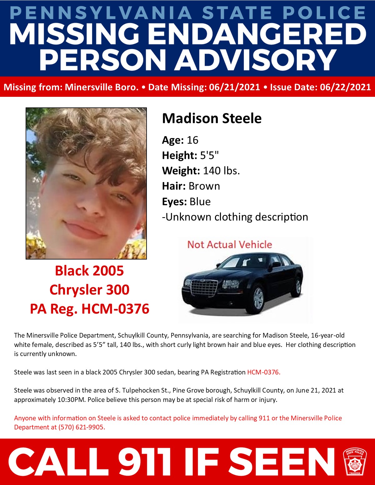 Police Seek Help Locating Missing Minersville Teen Last Seen in Pine