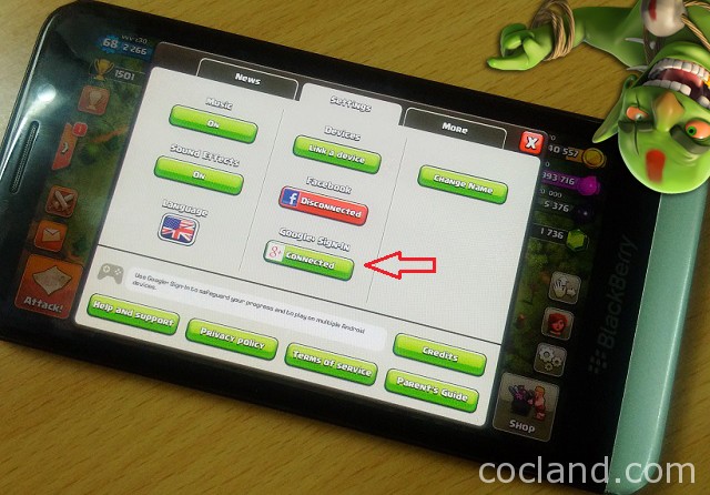 Connect BlackBerry 10 with Google ID Clash of Clans Land