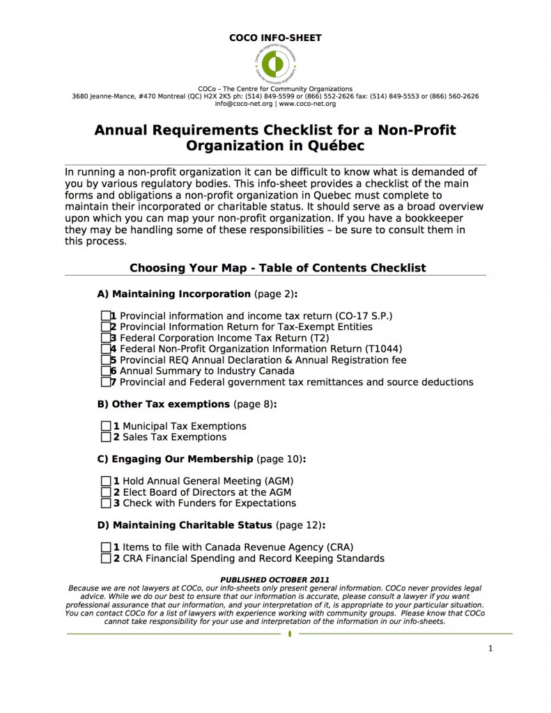 Annual Requirements Checklist for a NonProfit Organization in Québec