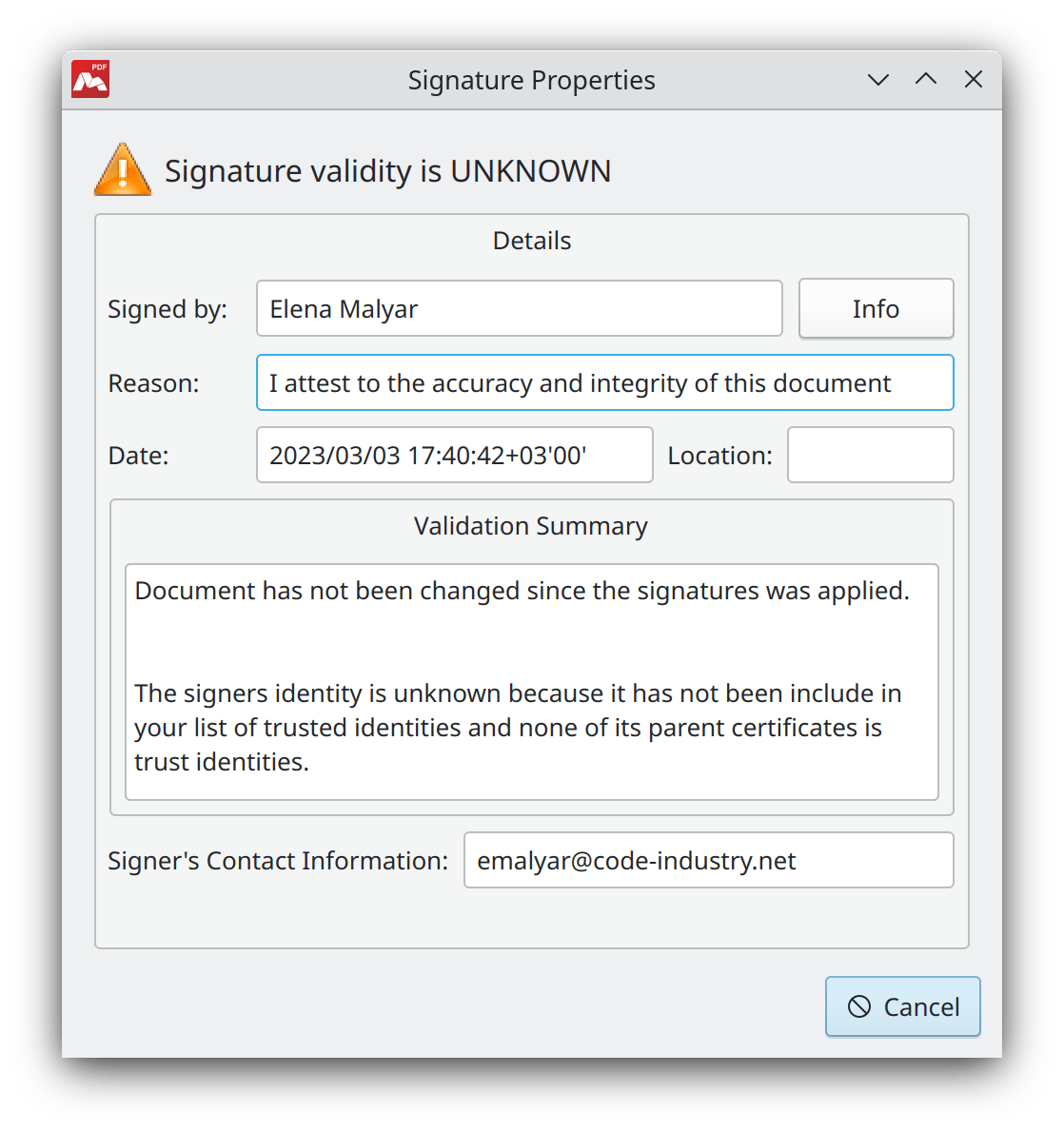 Create and verify a digital signature in a PDF document.