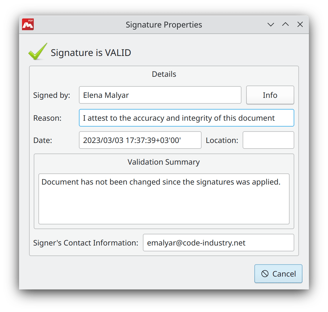 Create and verify a digital signature in a PDF document.