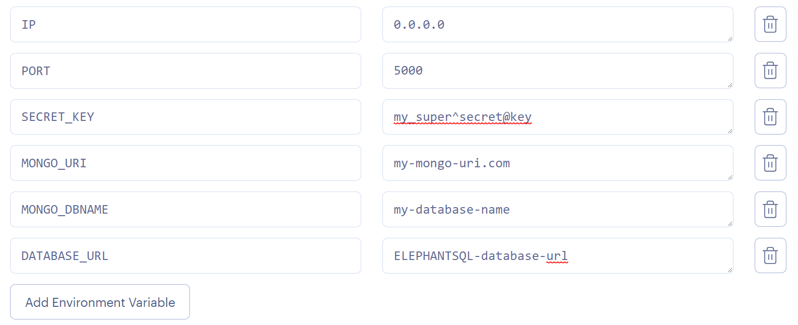 Flask with MongoDB and PostgreSQL (MS3) Environment variables