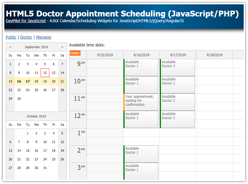 HTML5 Doctor Appointment Scheduling (JavaScript/PHP/MySQL) DayPilot Code