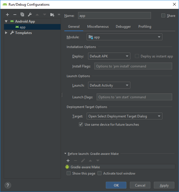 Android Studip Run 'app' as Release
