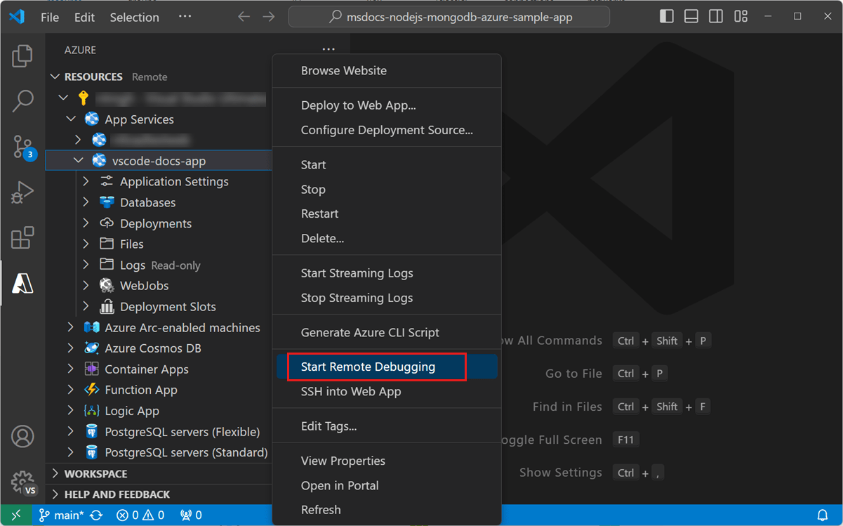 Azure Remote Debugging for Node.js with Visual Studio Code