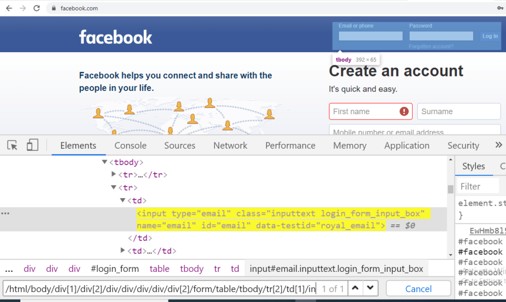 Object identification through xpath code2test Testing site