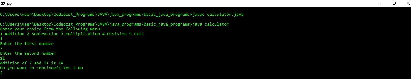 Menu driven JAVA program for calculator CODEDOST