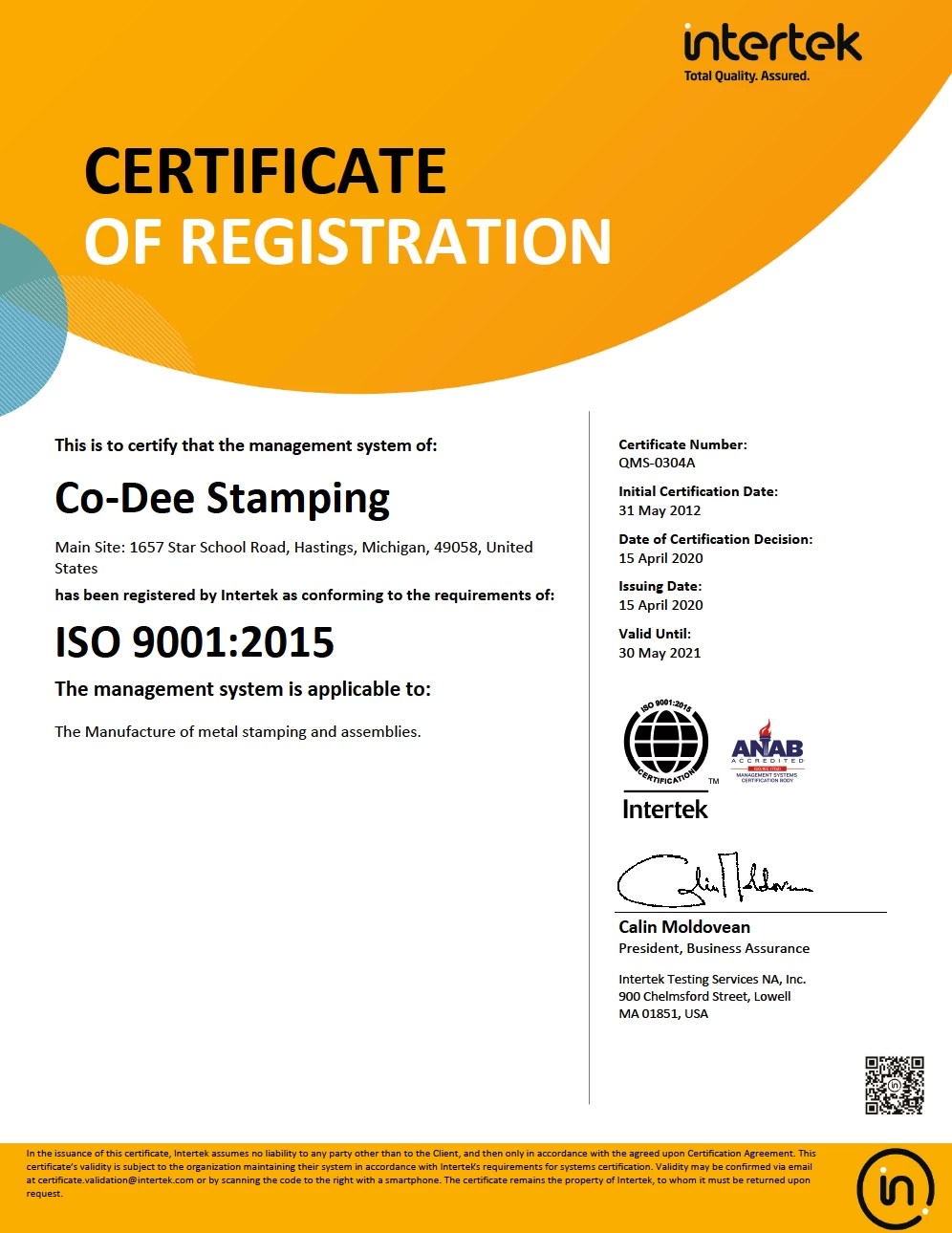 Precision Metal Stamping Intertek Certificate Co-Dee Stamping