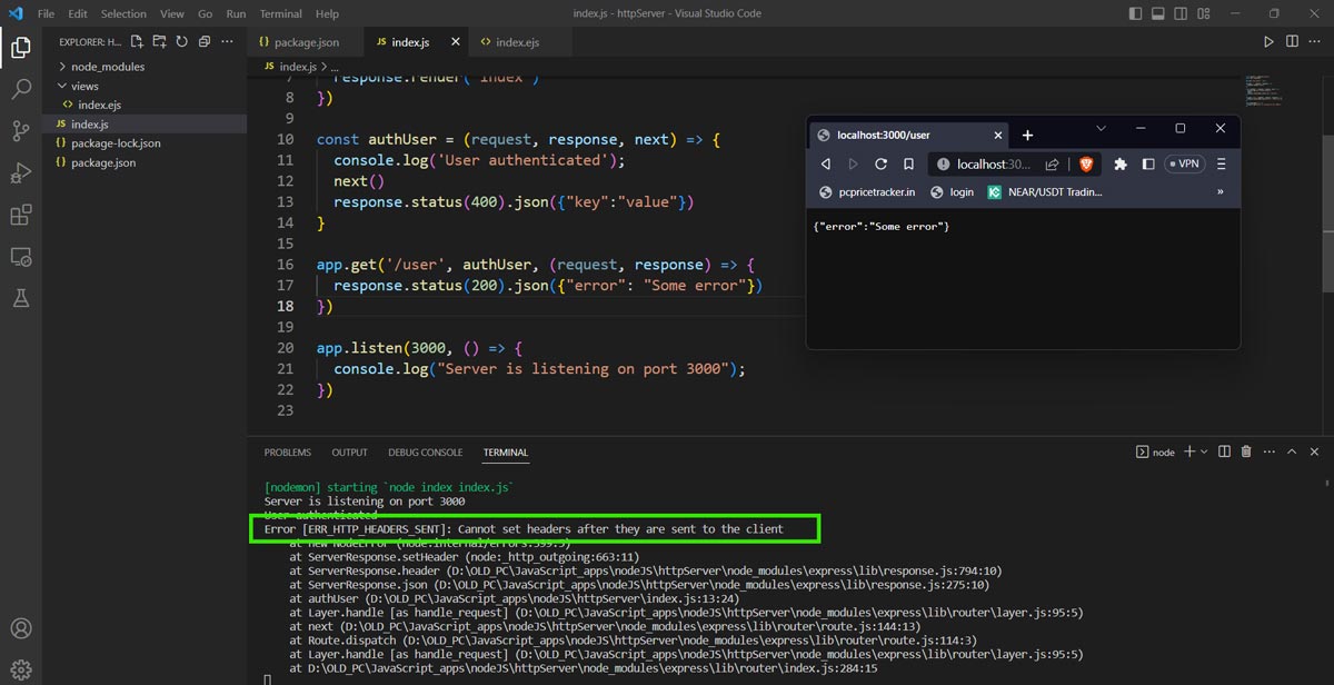 Cannot set headers after they are sent to client Solved