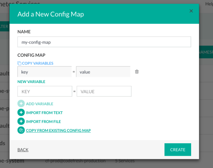Adding config maps to namespaces · Codefresh Docs