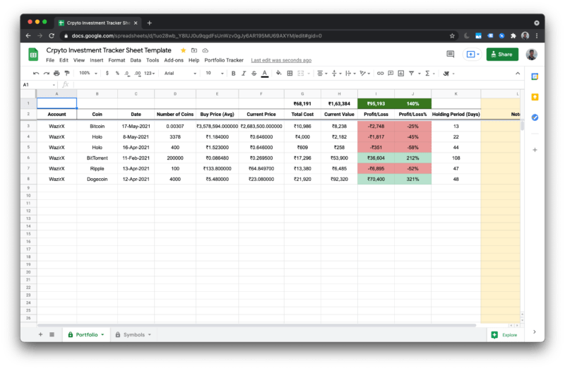 Free, Simple Crypto Portfolio Tracker Sheet with WazirX