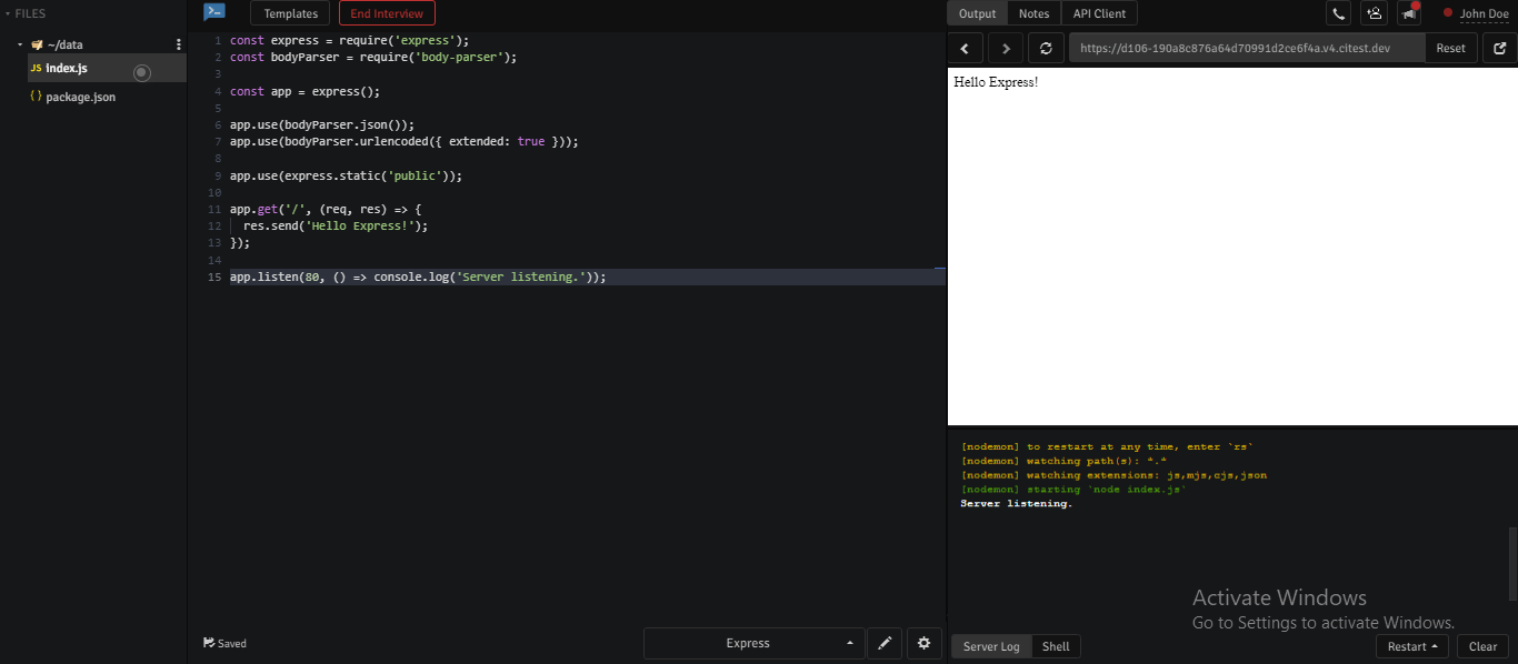 Online Node.js Editor with Express for RealTime Interviews CodeInterview