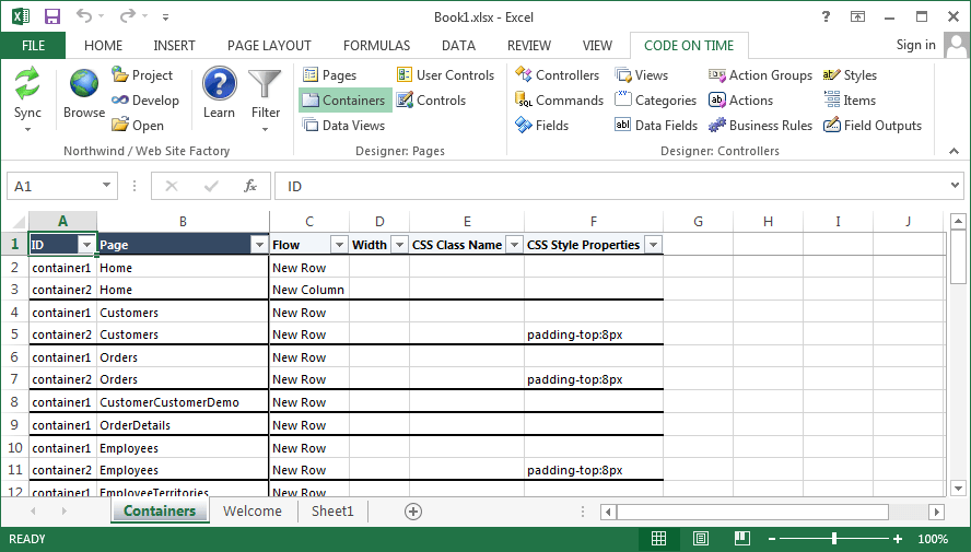 Code On Time Development / Tools for Excel / Containers