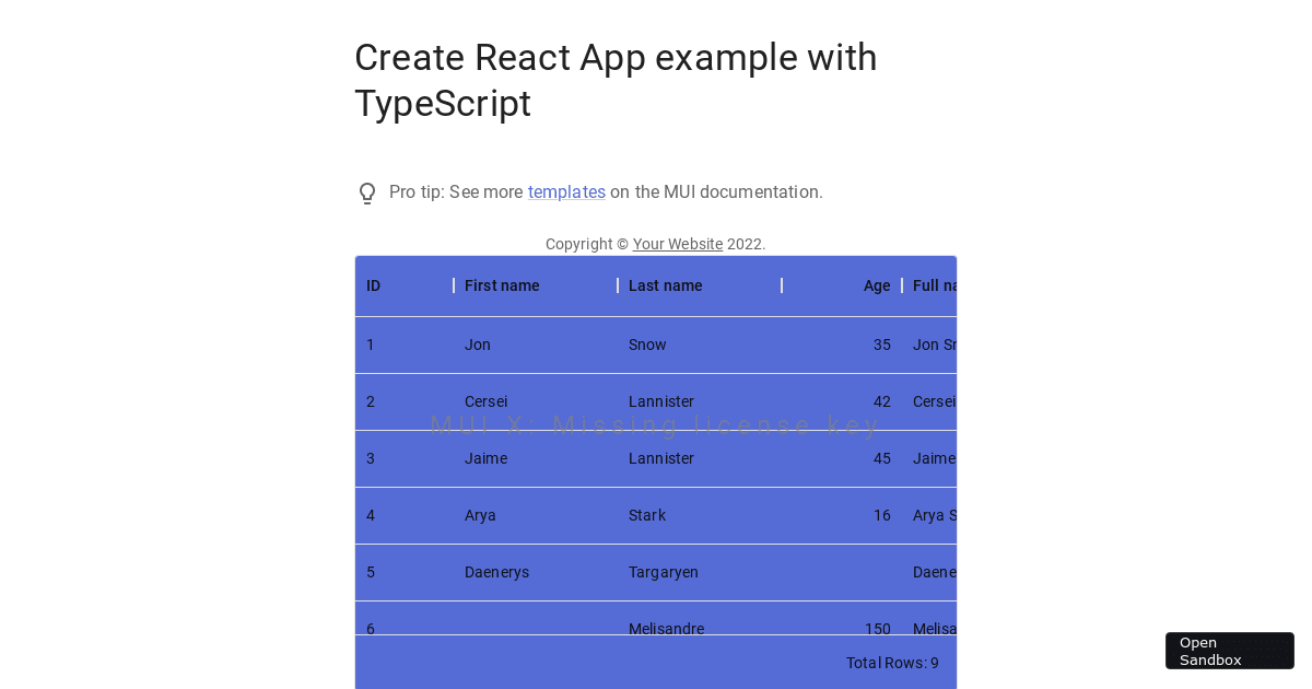 MuiDataGrid Theme Override Typescript Codesandbox