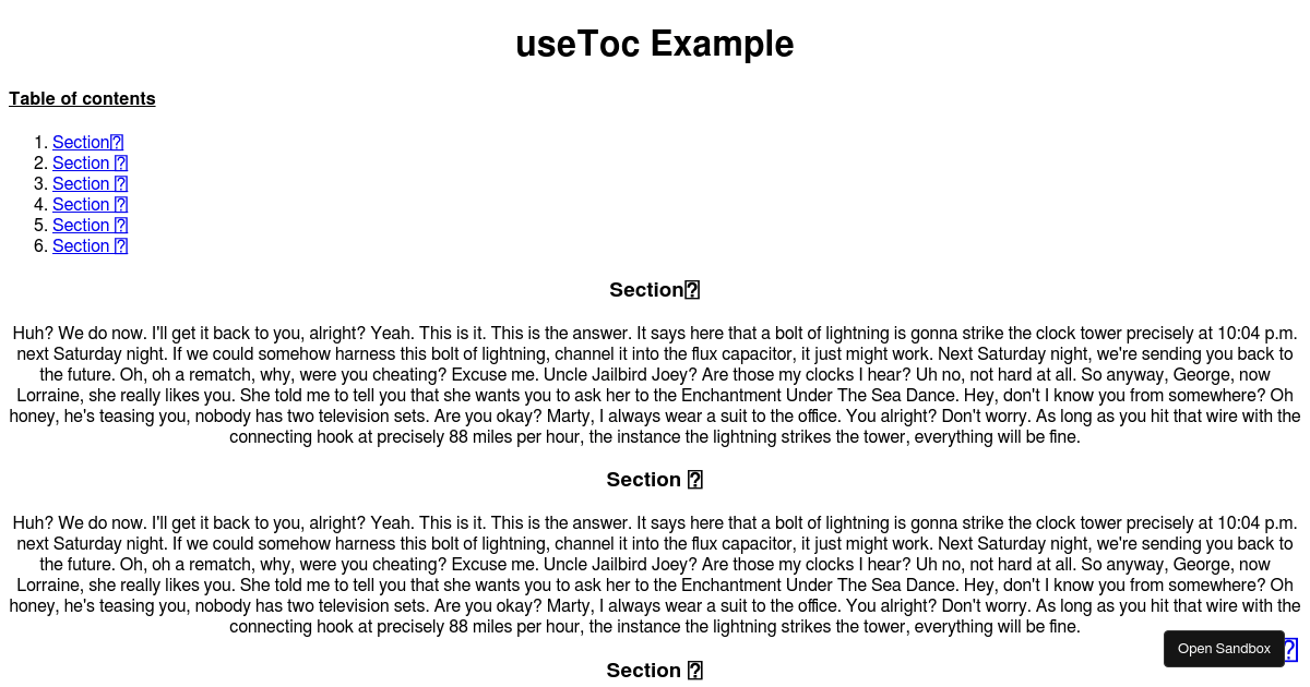 usetoc examples CodeSandbox