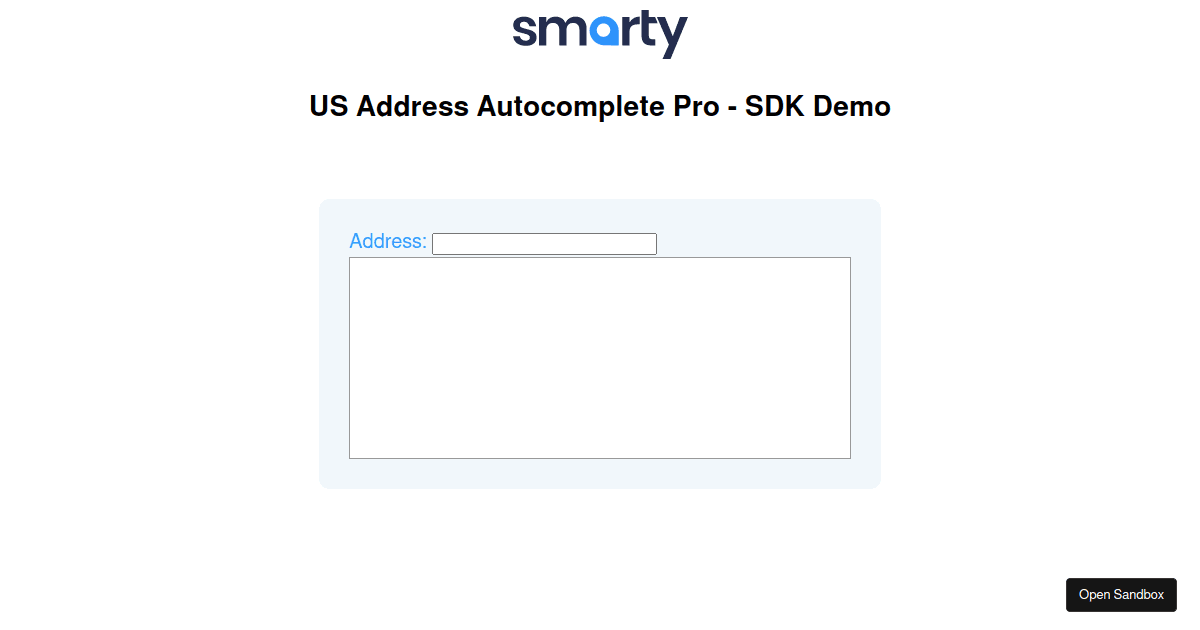 smartystreetsjavascriptsdk examples CodeSandbox
