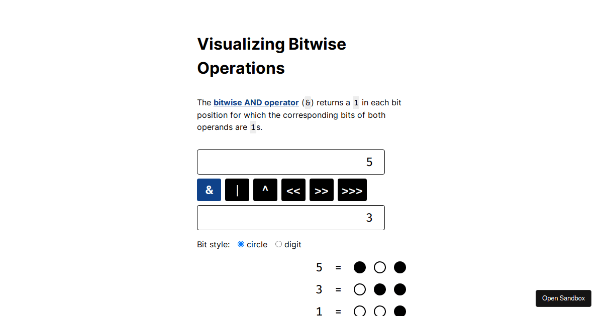 Visualizing bitwise operations - Codesandbox