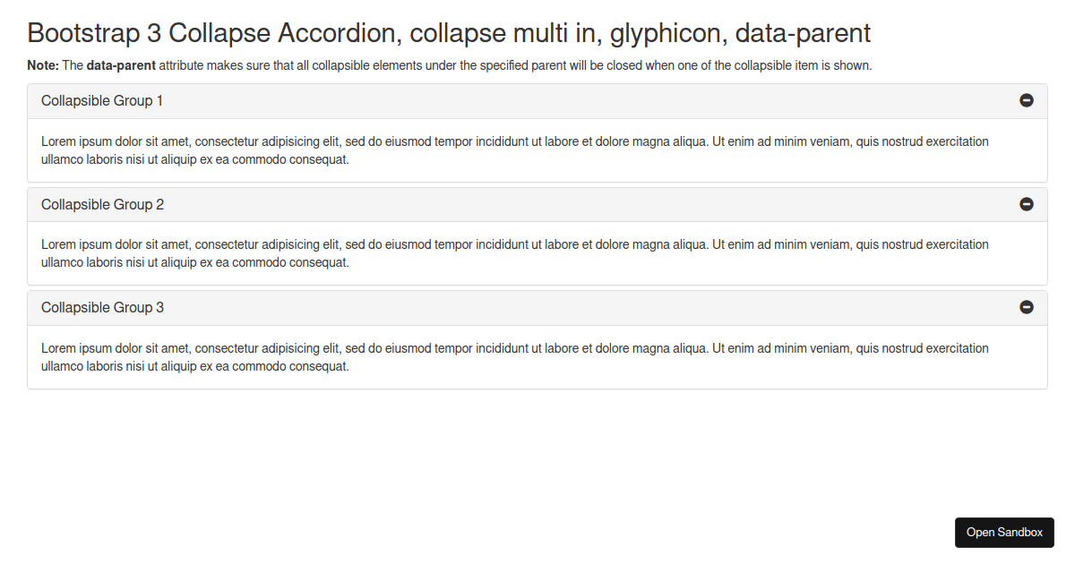 Bootstrap 3 Collapse Accordion, collapse multi in, glyphicon, data