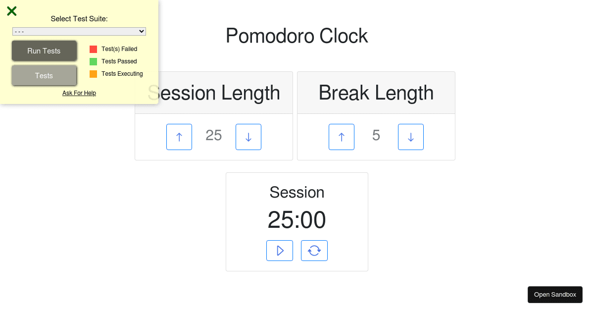 25 + 5 Clock React Hooks & Bootstrap (freeCodeCamp) Codesandbox