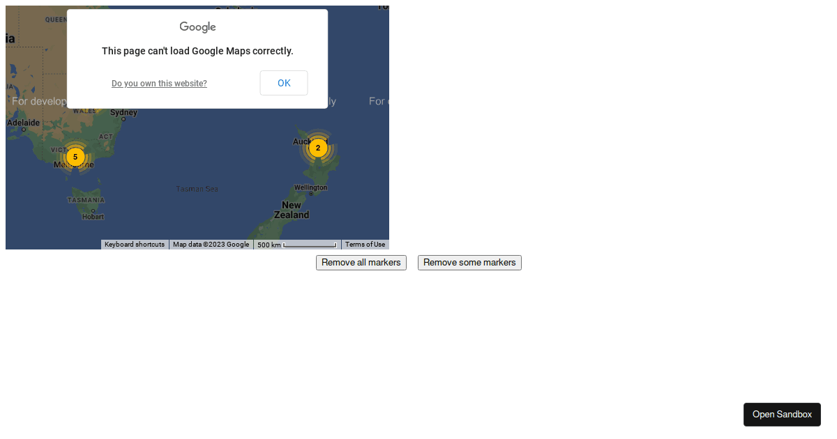 reactgooglemaps/markerclusterer examples CodeSandbox
