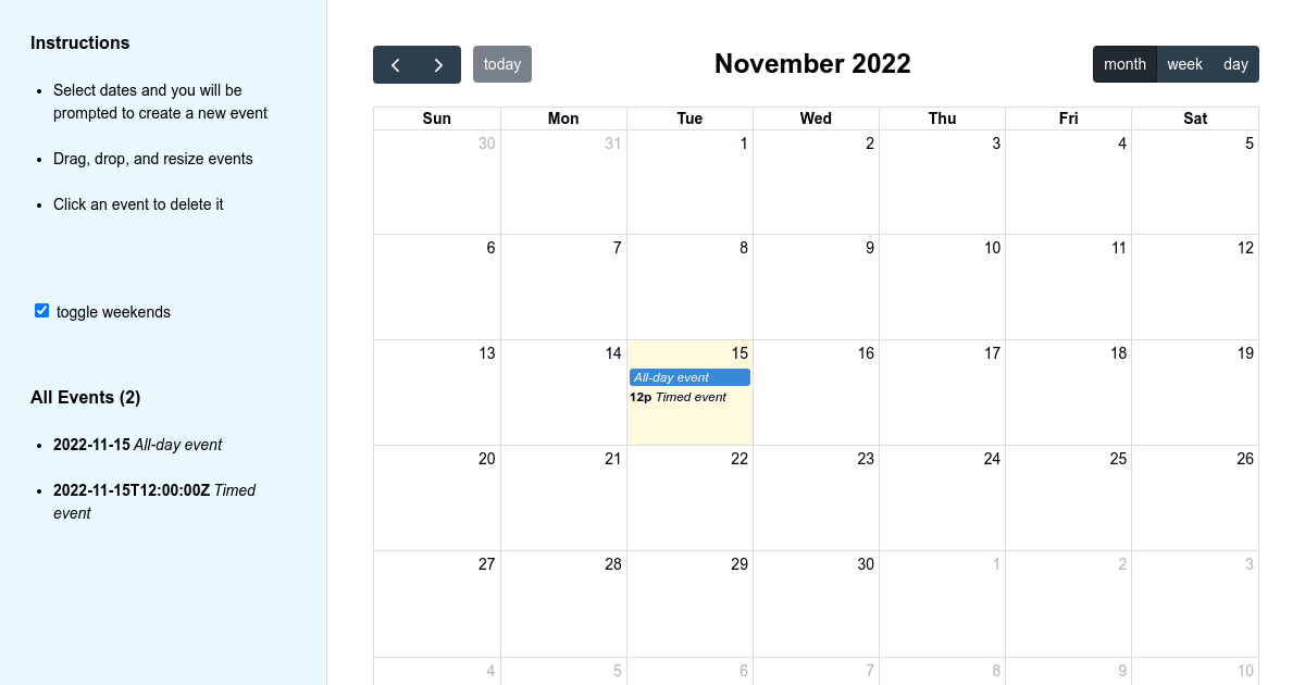 fullcalendar/interaction examples CodeSandbox